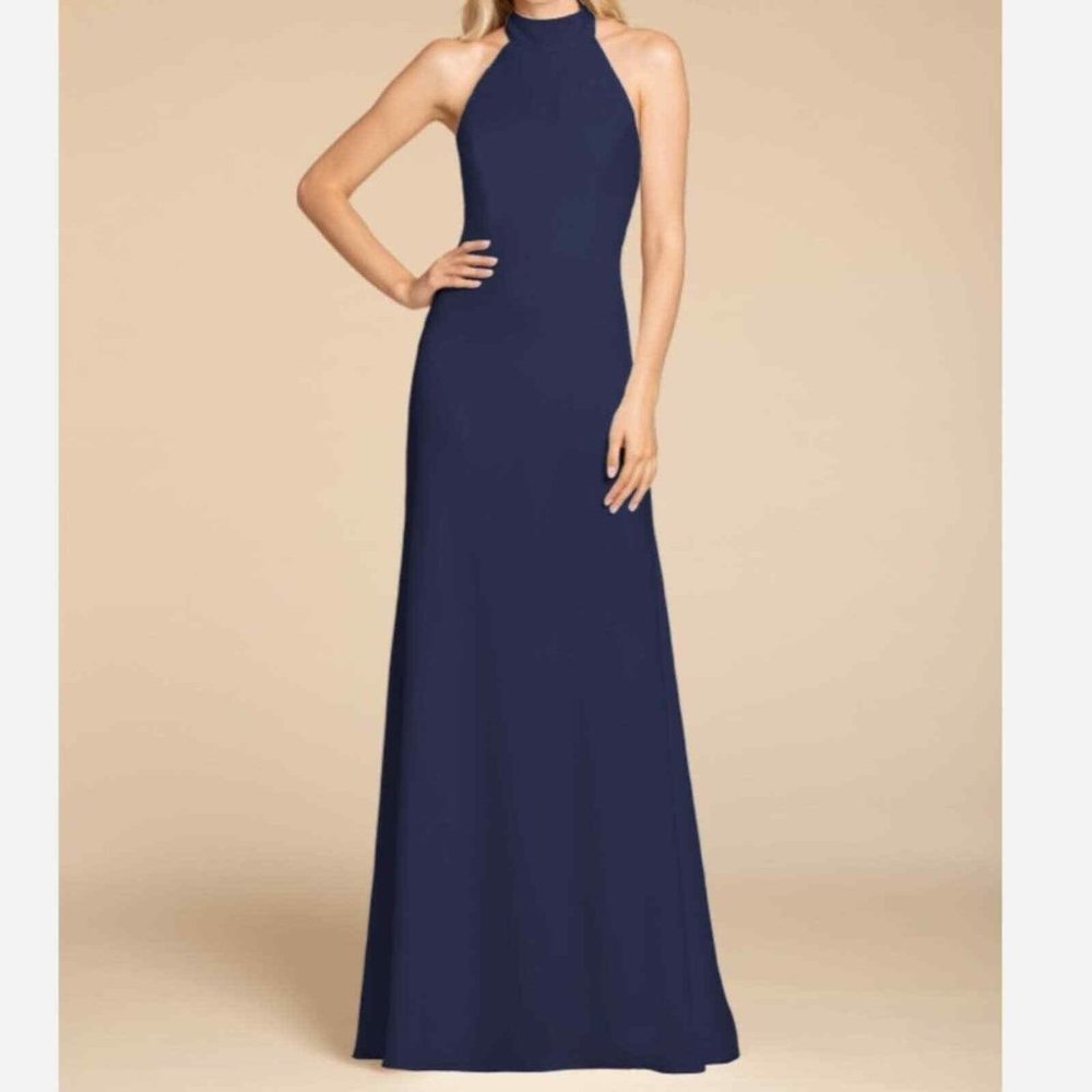 New Haley Paige 5900 Indigo Navy Blue Halter Full Length Strappy Back Dress